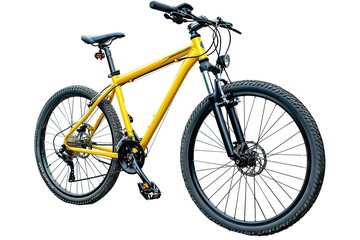 Fototapeta premium A yellow mountain bike showcasing its design and features for outdoor cycling adventures. isolated on white background