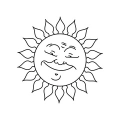 coloring illustration of the sun depicted as a sunflower that has a cute and firm face. Design elements of coloring illustration nature, coloring cute sun