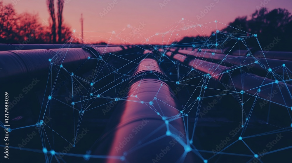 Poster industrial pipeline network at sunset a futuristic data visualization