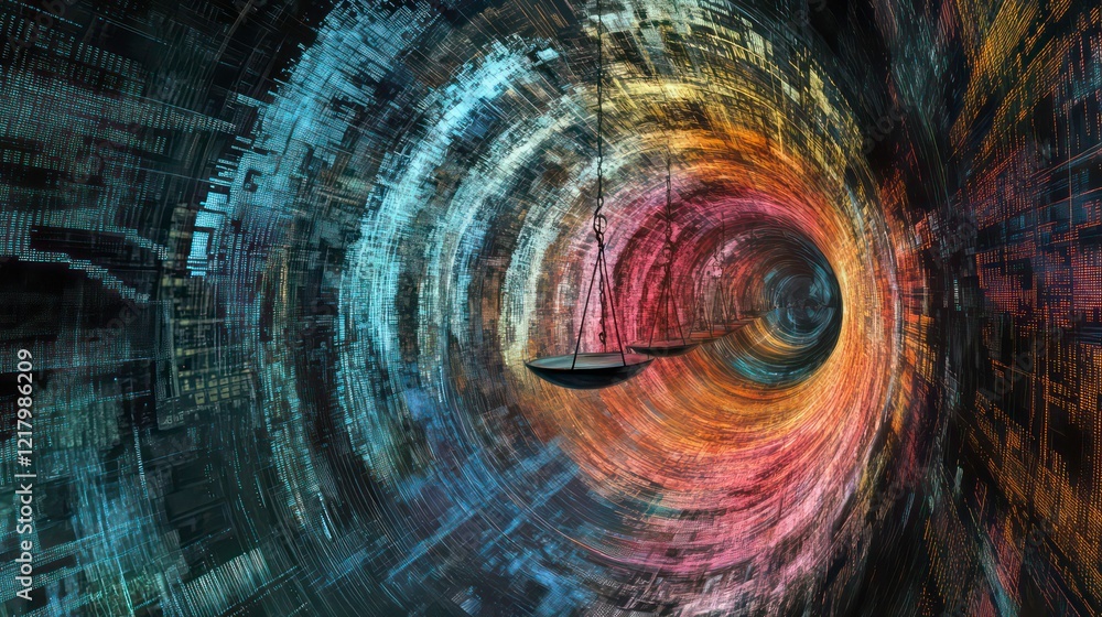 Poster abstract swirling tunnel with scales of justice, depicting digital data and legal concepts.