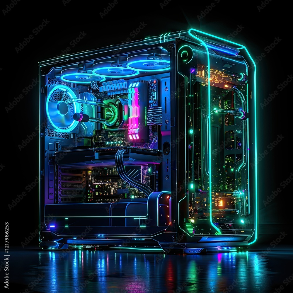 Poster a futuristic computer case illuminated with vibrant rgb lighting showcasing internal components. iso