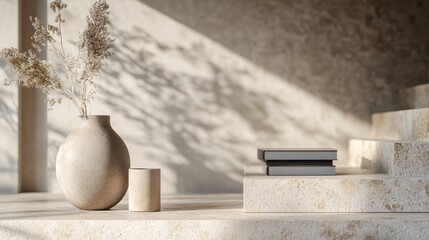 Sunlight casting shadows on minimalist interior design with vase and books