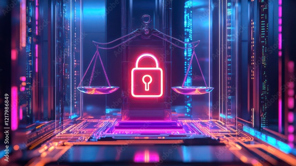 Poster neon padlock icon on scales inside futuristic server room.