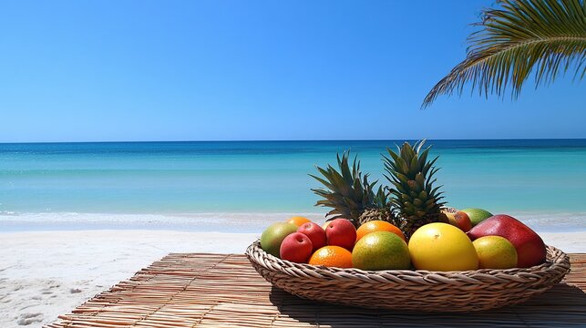 Tropical fruit basket on a beach.