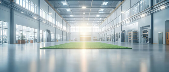 Sunlit warehouse interior, green turf, storage
