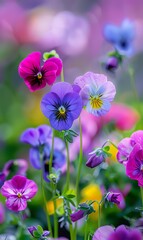 Beautiful pansy flowers in the meadow. Spring landscape