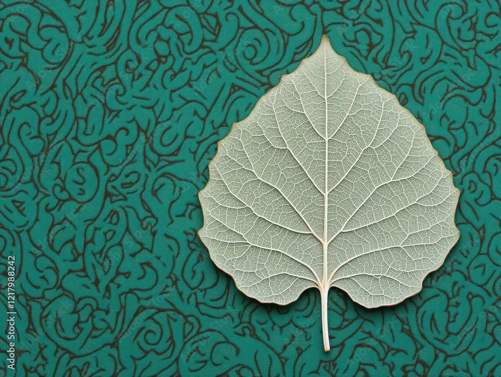 Poster delicate leaf on intricate teal background with artistic swirls and patterns, showcasing natural tex
