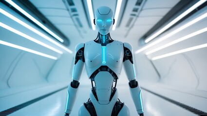 Modern AI Humanoid Robot in a Bright Futuristic Corridor, Featuring White and Neon Blue Aesthetic