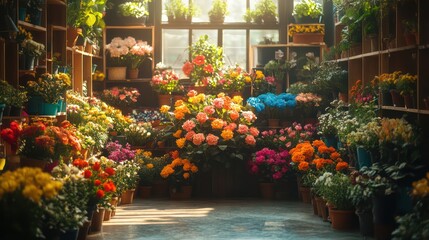 Obraz premium Vibrant Flower Shop: A Sunlit Greenhouse Filled with Colorful Blooms