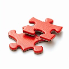 Fototapeta premium Two interlocking red puzzle pieces on a white background.