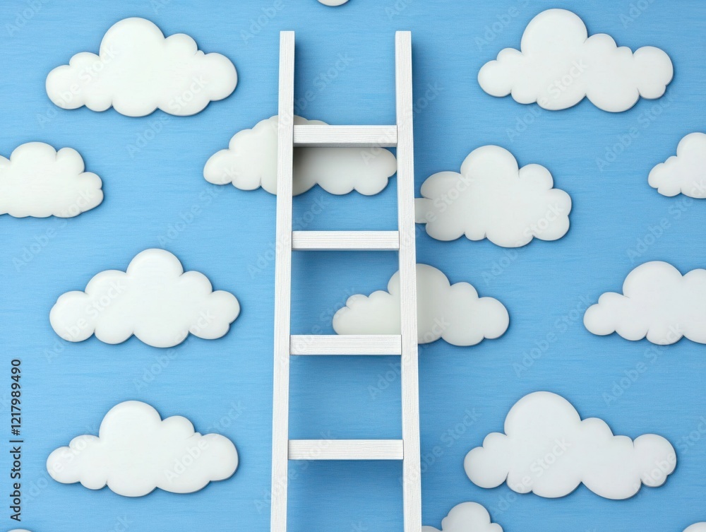 Poster white wooden ladder against a blue background with soft white clouds, symbolizing connection between