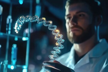 Fototapeta premium Laboratory researcher presenting: DNA structure, genetic research, molecular chain, lab investigation, scientific breakthrough, biological experiment, gene mapping, innovative study, genetic testing.