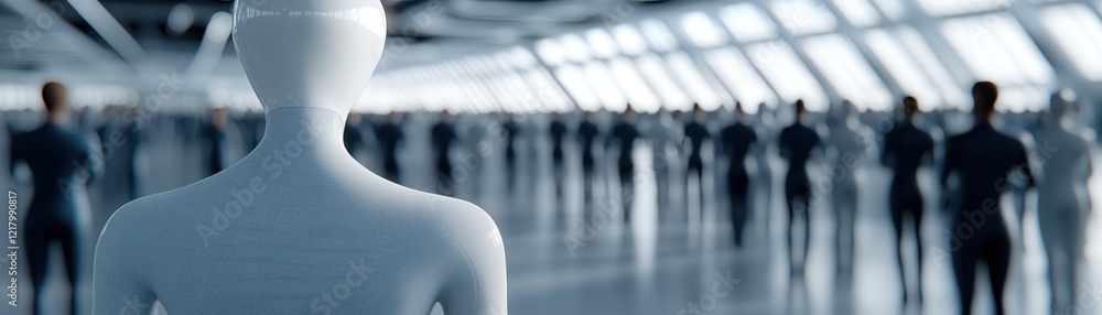 Poster abstract representation of a futuristic scenario with humanoid figures in a spacious environment, sh