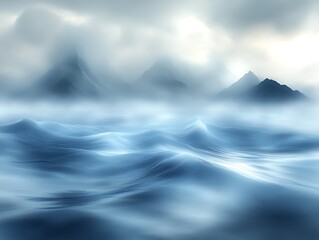 Misty mountains and tranquil sea.