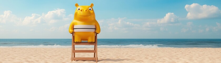 Obraz premium Bright yellow cartoon lifeguard sitting on a wooden chair near the shoreline, watching over a beautiful beach scene with blue sky and soft clouds above the ocean waves
