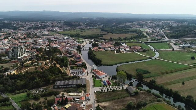Aerial drone shot of &Aacute;gueda city center in Portugal.