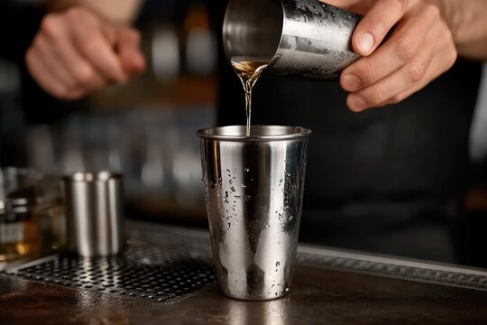 Skilled bartender pours a clear liquid from a metal jigger into a stainless steel shaker, focusing on precise measurements in a busy bar atmosphere during the evening