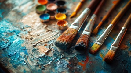 Fototapeta premium High-resolution photo of a collection of artistic paints and brushes arranged on an easel. Soft light highlighting the colors. Emphasizing creativity and art. Perfect for painting and craft content.