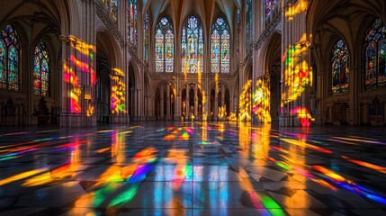 Obraz premium Cathedral interior with vibrant stained-glass light reflections on the floor.