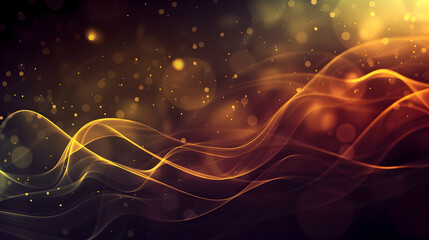 Abstract waves with warm colors and glowing particles create a dynamic, artistic background.