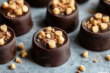 Dark chocolate candies topped with crunchy toffee bits. Perfect image for dessert menus, blogs, or confectionery advertising.