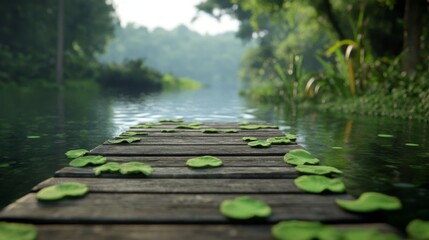 Fototapeta premium Serene wooden dock extends over calm, green water, surrounded by lush foliage.