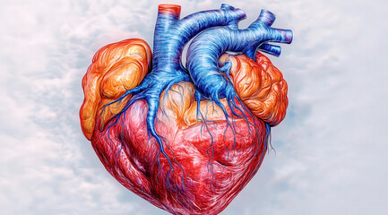 Naklejka premium A model of a human heart with red arteries and blue veins