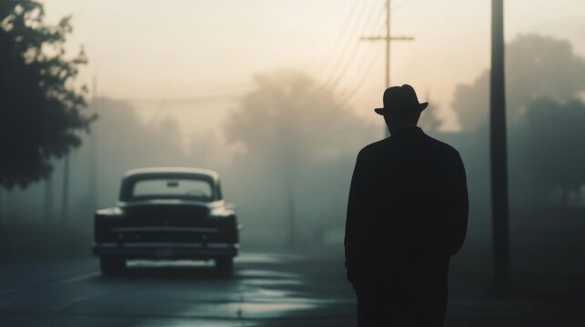 Silhouetted man in hat walks away from vintage car on foggy street at dawn.