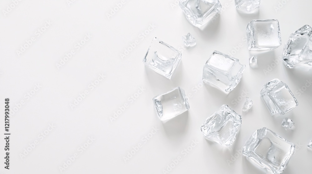 Poster Ice cubes melting on white background creating refreshing atmosphere