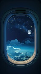 Night sky view through airplane window with moon, stars, and clouds during flight above Earth