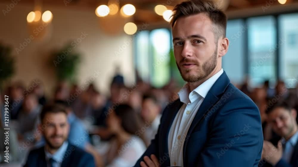 Poster confident businessman smiling at networking event with blurred colleagues in background, professiona
