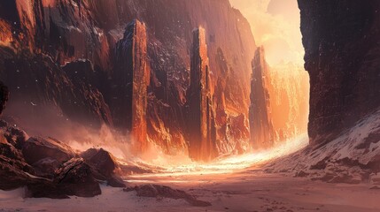 Sunlit canyon with snow, rocks, and tall formations.