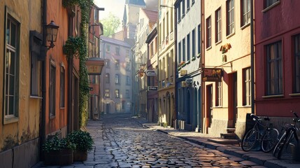 Sunlit cobblestone street in historic European city.