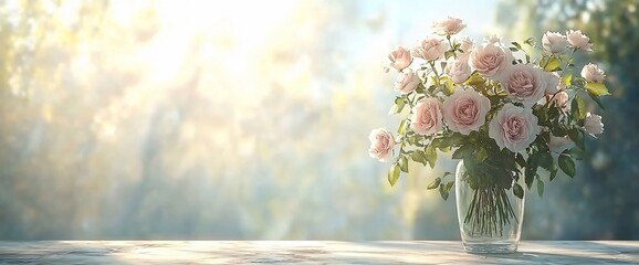 Sunlit pink roses in glass vase on wooden table.