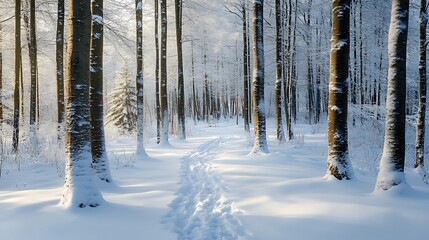 Obraz premium Snow-Covered Forest Path on a Sunny Winter Day