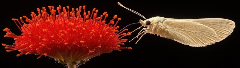 Moth on red flower, close-up, black background, nature