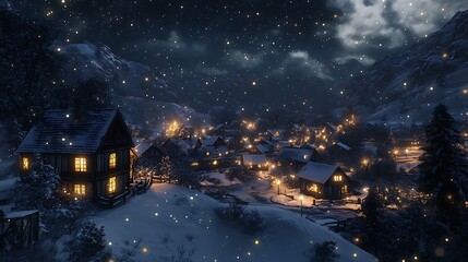 Fototapeta premium Snowy Village at Night with Glowing Lights