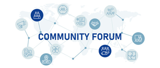 Community Forum icon set communication unity group people interaction social relations gather meeting development design outline collection