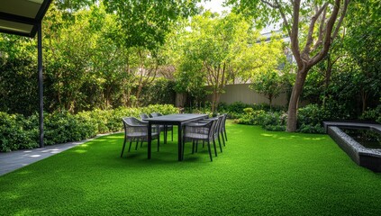Lush garden with patio furniture.