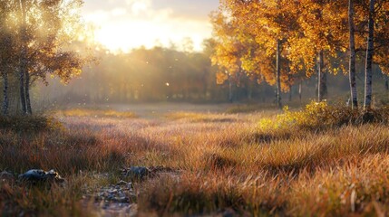 Golden autumn sunrise in a birch forest.