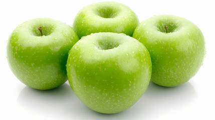 Four green apples on white background, healthy food