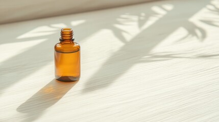 Sunlight casts delicate shadows on amber glass dropper bottle