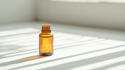 Sunlit amber glass dropper bottle casting delicate shadows on white surface