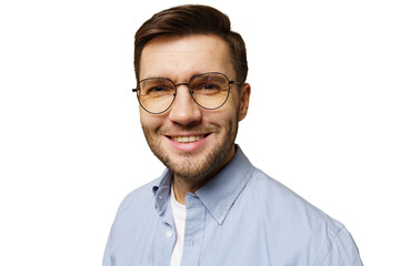 Man smiling confidently in light blue shirt with glasses against white background