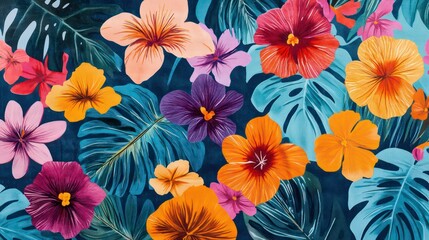 Vibrant tropical flowers and leaves in a rich blue background.