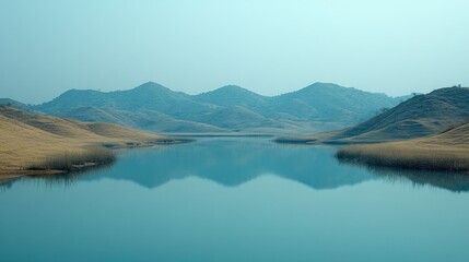 Obraz premium Serene lake reflecting hazy mountains under a clear sky.