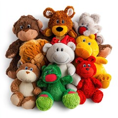 Colorful stuffed animals grouped together on white background; perfect for children's websites or product catalogs