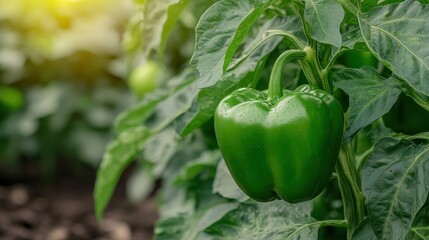 Vibrant green bell pepper thriving in a sunlit garden setting
