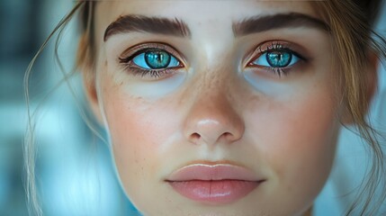 Fototapeta premium Woman's face, closeup, eyes, freckles, indoor, soft light, beauty