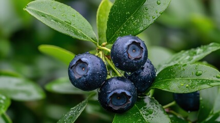 Fresh blueberries glistening with dew in a lush garden